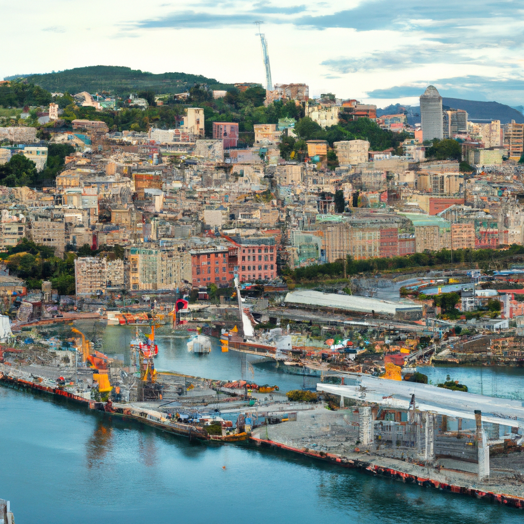 Veduta aerea dettagliata del porto di Genova con barche e edifici colorati