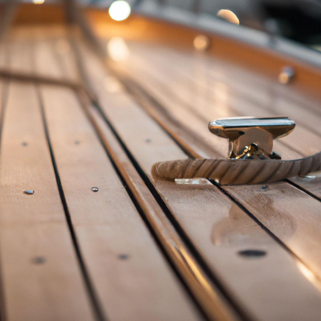 Dettaglio del ponte in legno di uno yacht con luce mediterranea