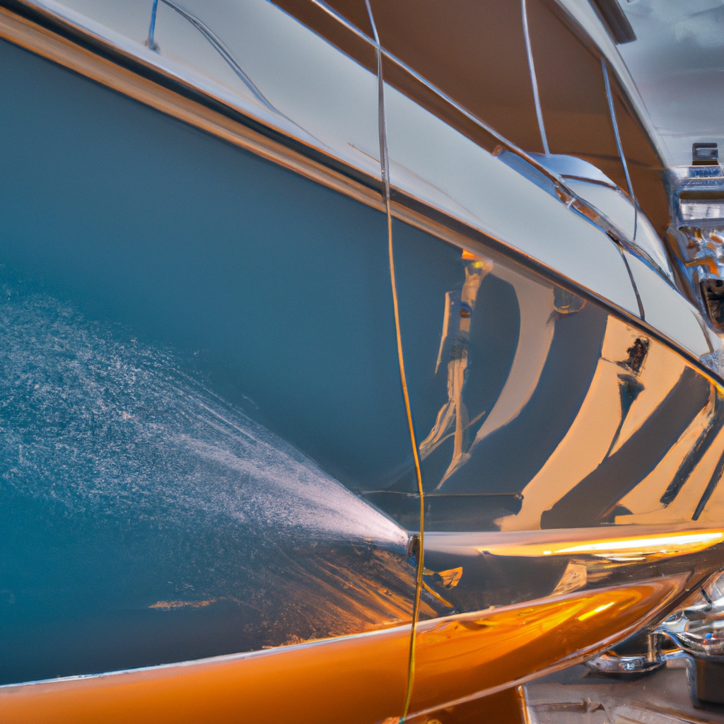 Yacht in refit nel porto di Genova, tecnico che lucida il gelcoat al sorgere del sole