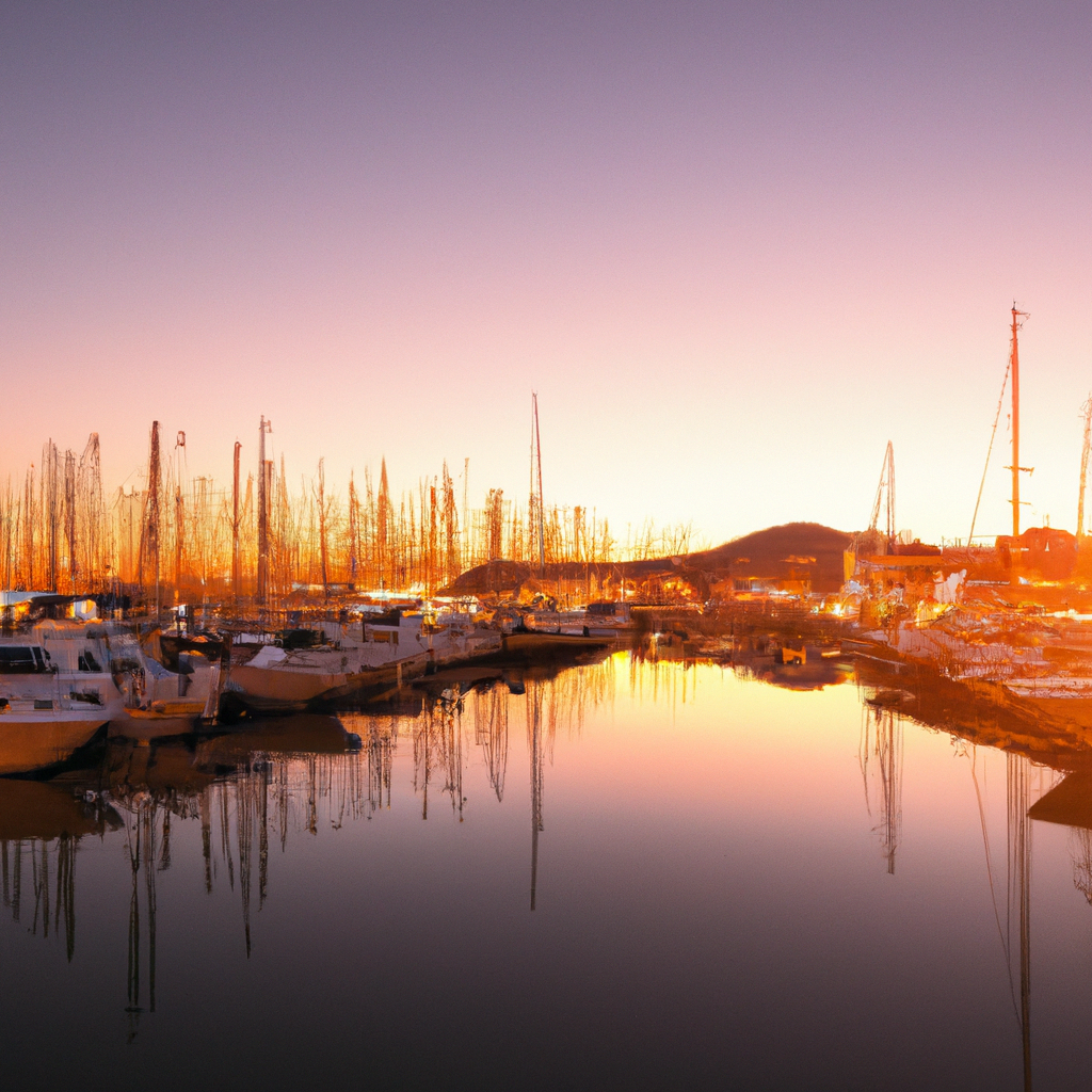 Marina italiana al tramonto con barche ormeggiate e riflessi dorati sull'acqua